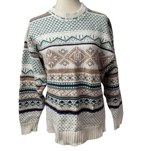 John Weitz Creak Brown Blue Crew Neck Knitted Tribal Sweater 100% cotton size M - Picture 9 of 9